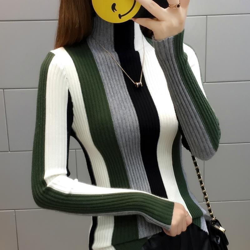 Women's Striped Color Block Slim Fit Knitted Sweater - Half High Neck, Short, New for 2025 Autumn/Winter