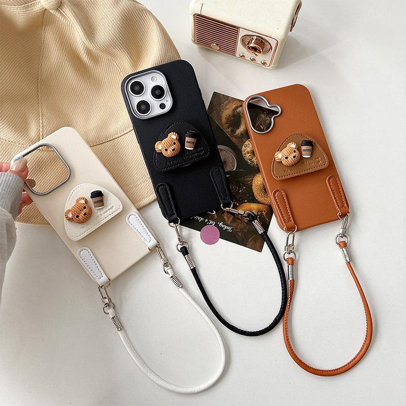 Coffee Bear Airbag Bracket Phone Case for IPhone 16 Promax Phone Case for Apple 15 Handheld Rope 17