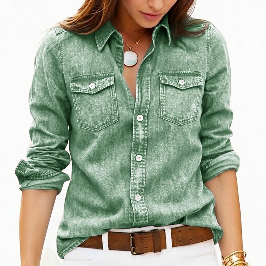 Women Vintage Washed Denim Shirts Long Sleeve Lapel Button Down Blouses Casual Loose Daily Tops S