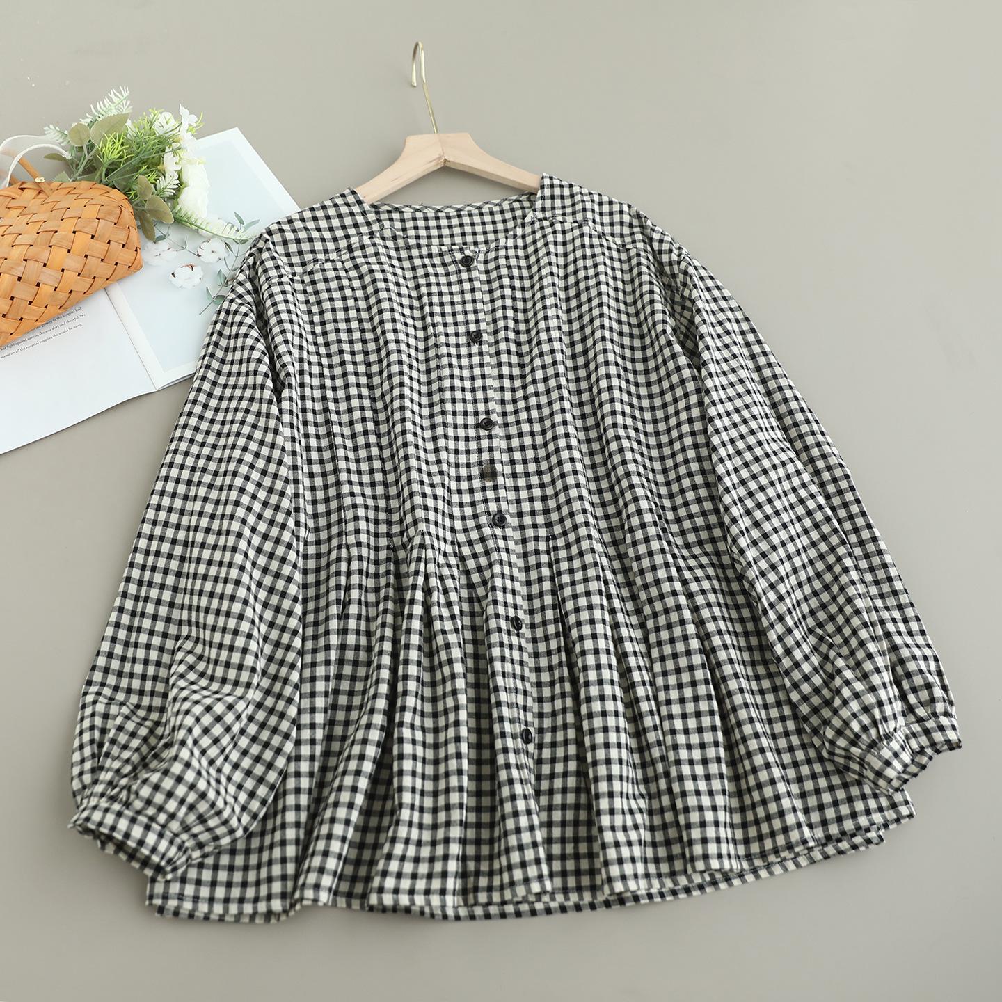 

New Women s Sweet Plaid Babydoll Top - Long Sleeve, Ruched, Single-Breasted, Loose Fit, Versatile Design One Size чорний