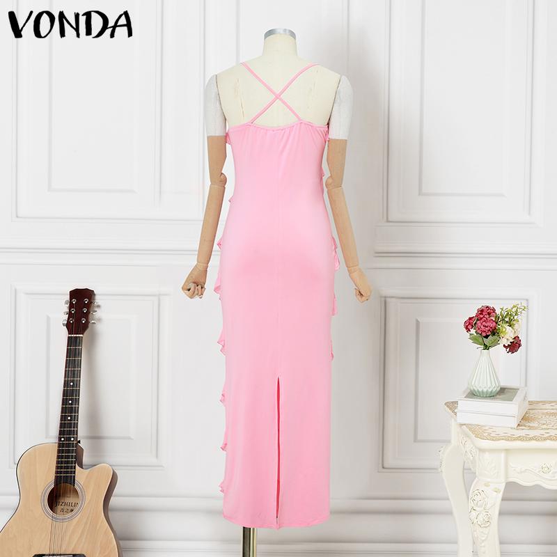 VONDA Women Sling Sleeveless Front Ruffled Thin Bodycon Long Party Dress