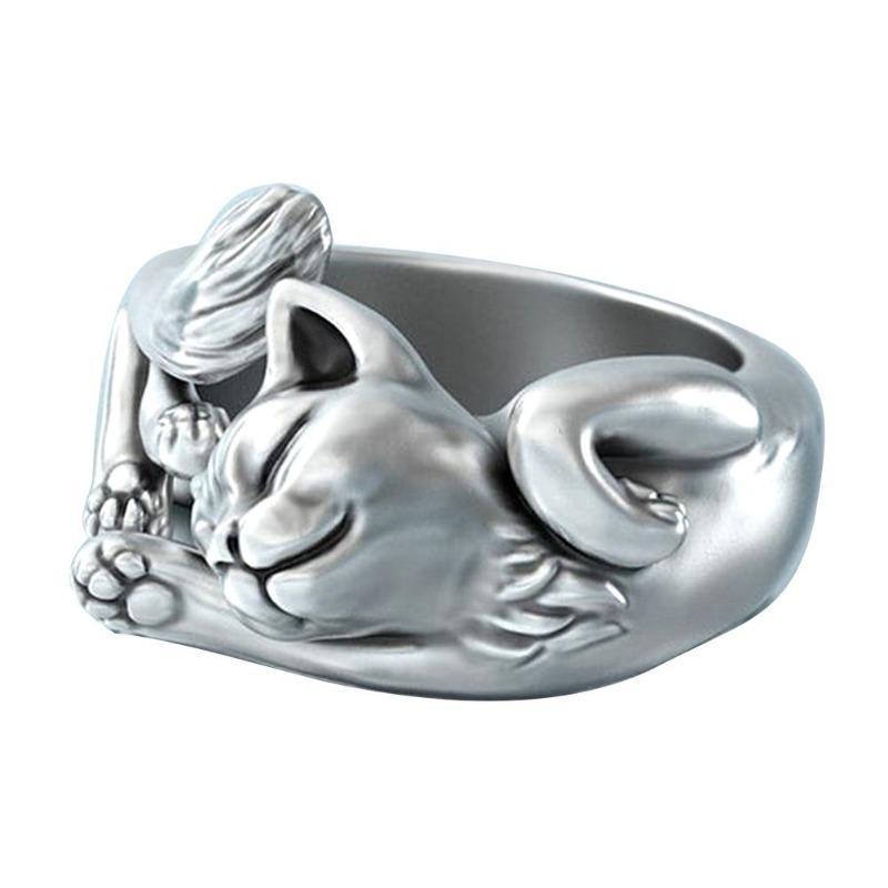 Vintage Silver Finger Jewelry Unisex Plated Cats Ring Gift