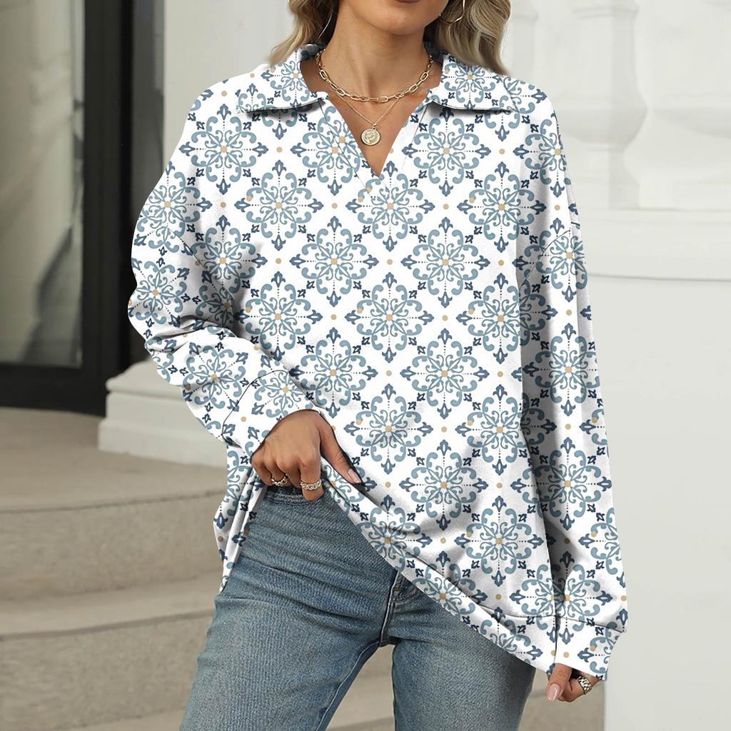 Women's Summer Fashion Casual  Printed V-Neck Long Sleeve Shirt Top