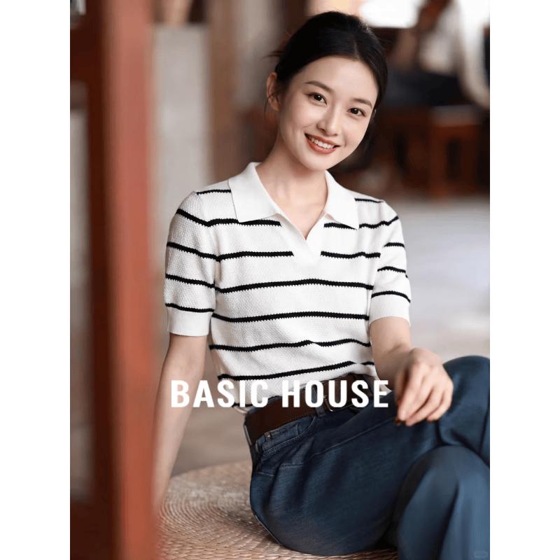 Basic House Women s Striped Tencel Polo T-shirt L