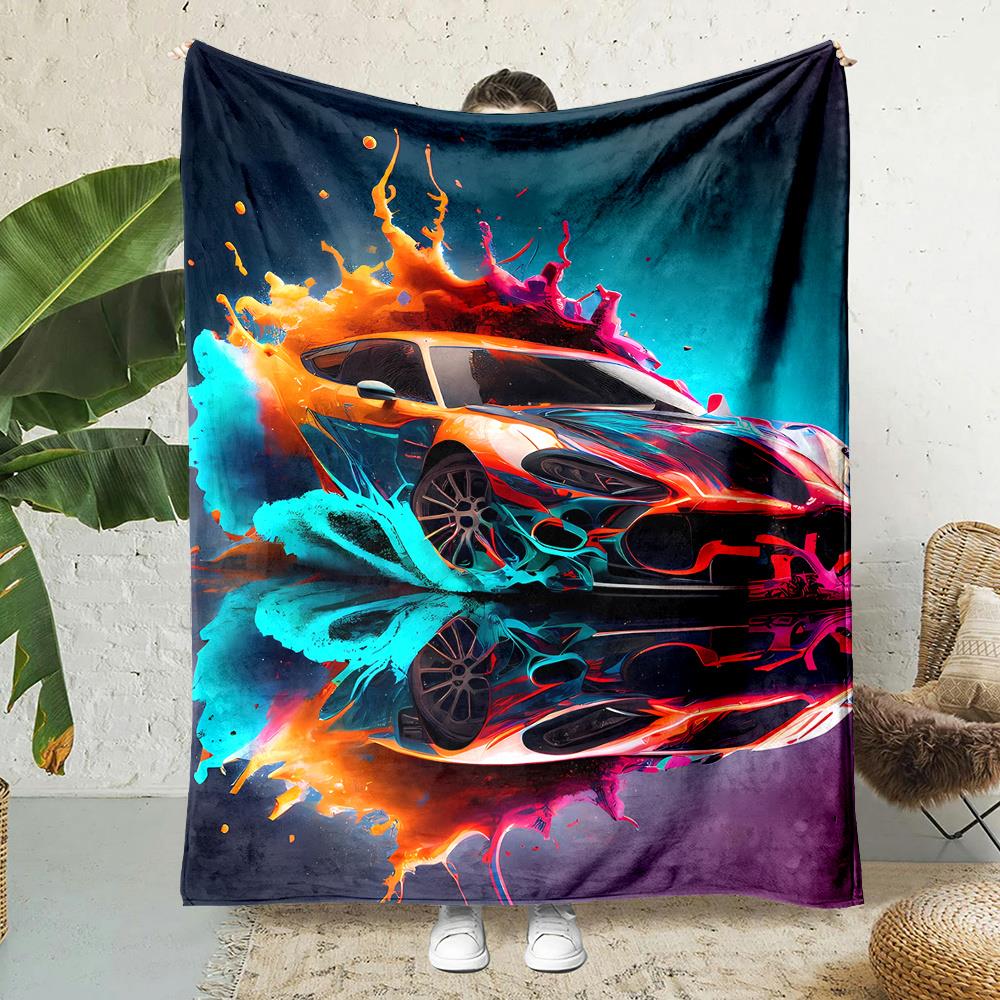 Neon water droplet sports car pattern Flannel printed blanket suitable for all seasons for living room office sofa and travel