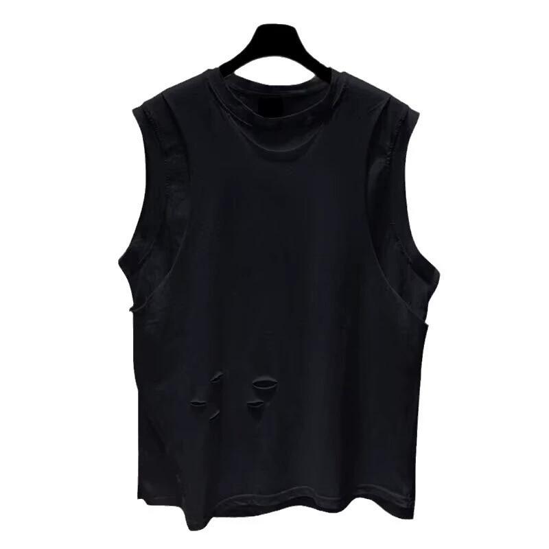 Men's Spring and Autumn Solid Colour Round Neck Casual Loose Shoulders Vest Hole Sleeveless T-shirt