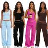 Women Multi Color Sleeveless Crop Tank Top Elastic Waist Drawstring Wide Leg Pajama Sets Casual Sporty Tracksuit