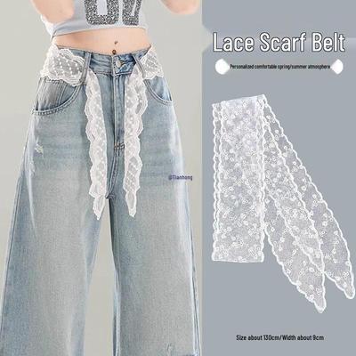 Koreanischer Taillenschal mit Spitzenbesatz und Schleife für Damenjeans
