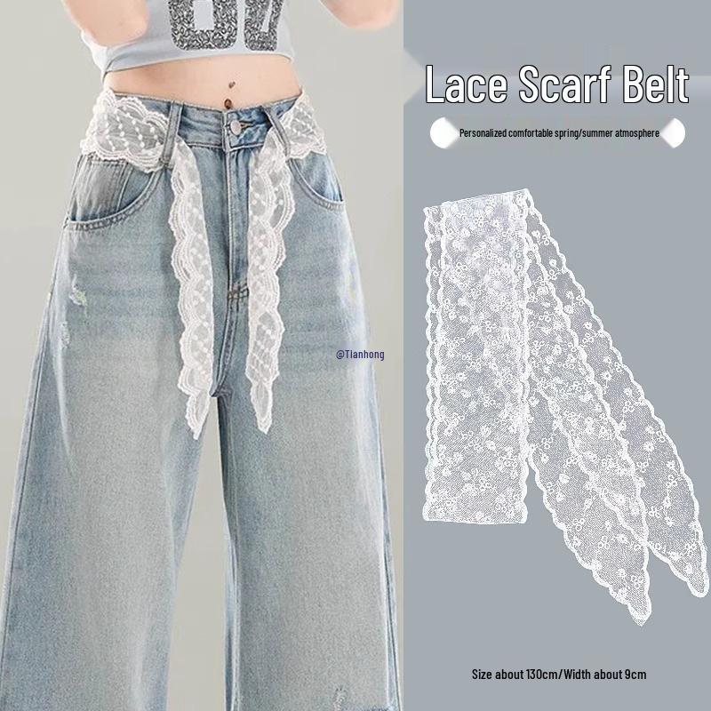 Korean Lace Trim Waist Scarf with Bowknot for Women's Jeans