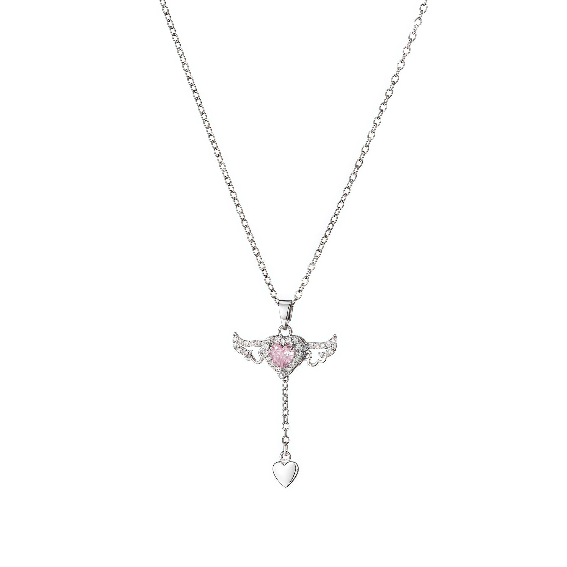 Exquisite High-Grade 999 Sterling Silver Cupid s Heart Necklace with Angel Wings Sterling Silver
