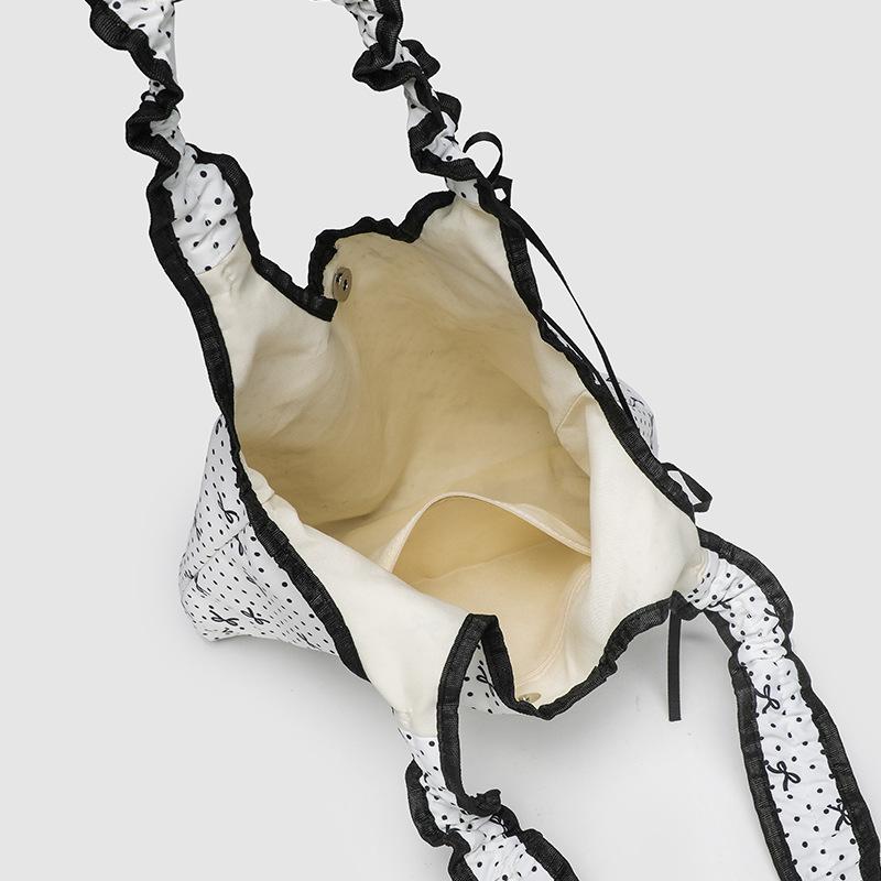 Niche Bow Polka Dot Canvas Bag Sweet Maiden Drawstring Pleated Tote Student Commuter Shoulder Bag