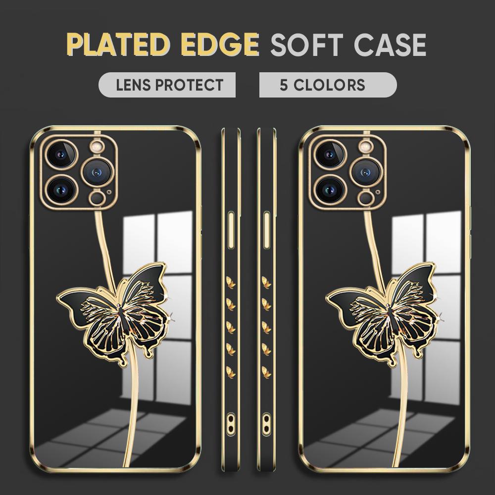 Fashion Black Butterfly Plating Phone Case for iPhone 11 13 15 Samsung Galaxy A52 Xiaomi Redmi 12C Note 10 Pro Oneplus Soft Smartphone Cover Cases