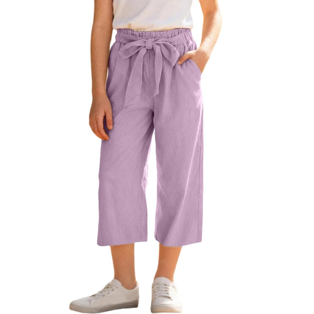 Girls' -Color Cotton-Linen Wide-Leg Loose-Fit Cropped Pants With Elastic Waistband