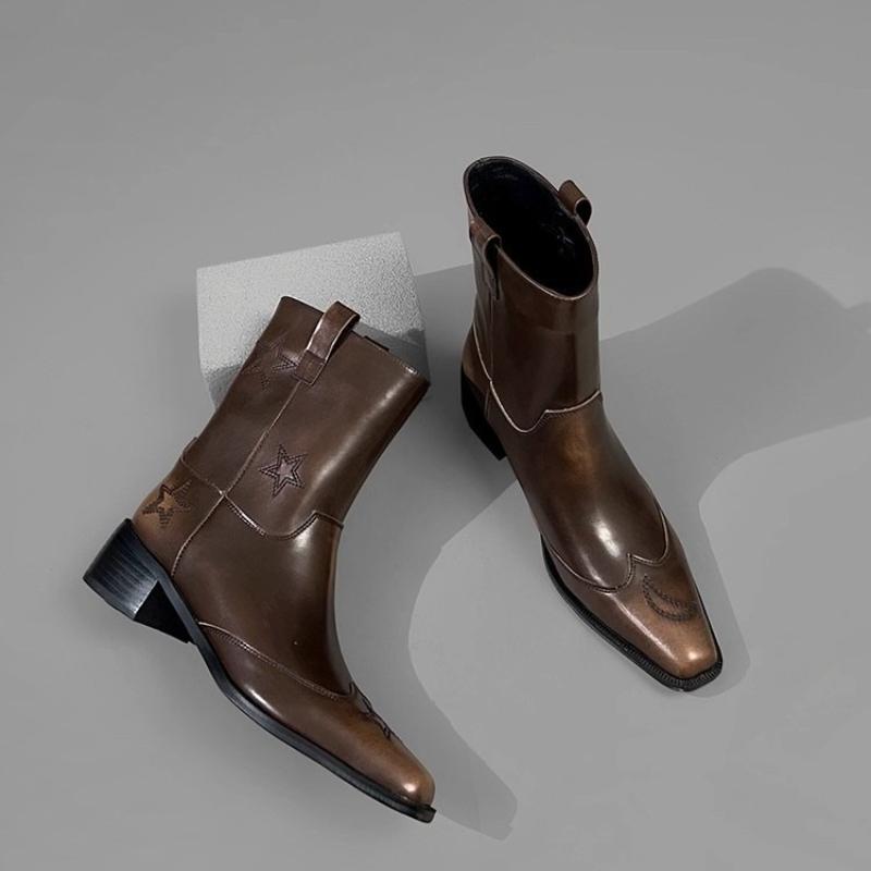 Women's Brown Studded Retro Western Cowgirl Boots Mid Calf Chunky Heel Embroidered Riding Boots Spring Autumn Shoes