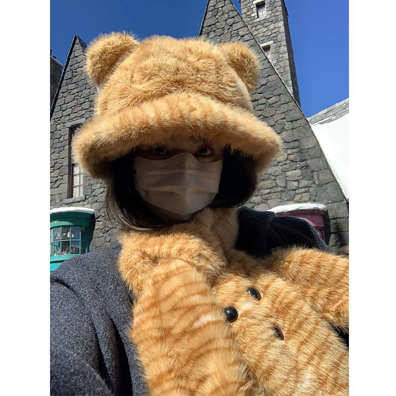 Cute Bear Ears Plush Fisherman Hat Women's Neck Protector To Prevent Cold and Warm Cartoon Neck Scarf