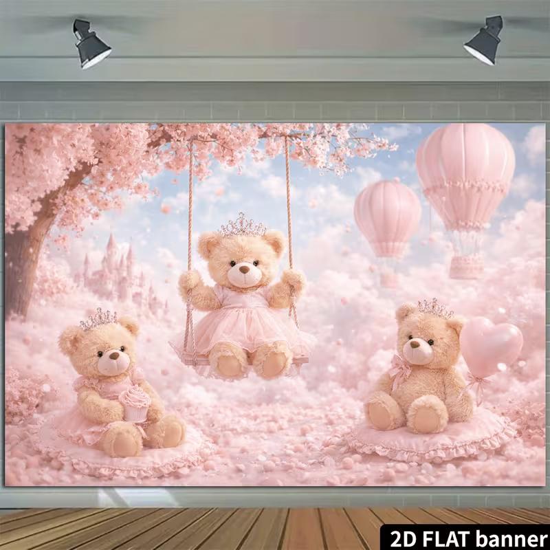 2D Pink Cherry Blossom Teddy Bear Backdrop, Dreamy Castle & Hot Air Balloon Background for Party