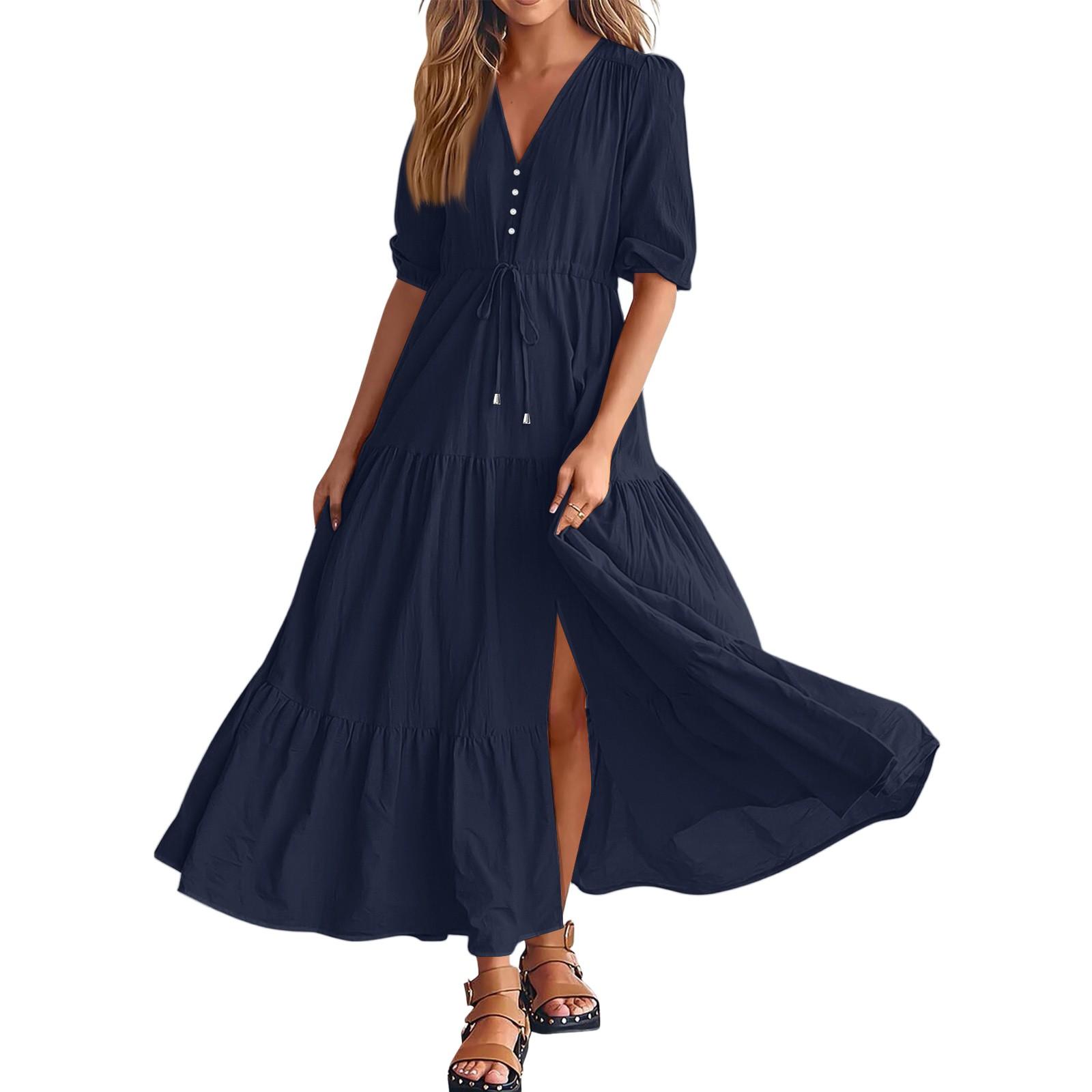 

Женское модное однотонное элегантное платье с темпераментом, с вырезом на шее и поясом XL тёмно-синий