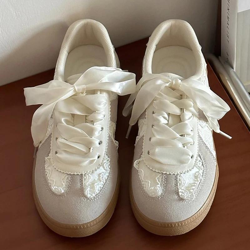 Fashion French Lace - Satin Ribbon Trainer Sneakers | Cream - Sweet Vintage Sporty Sneakers