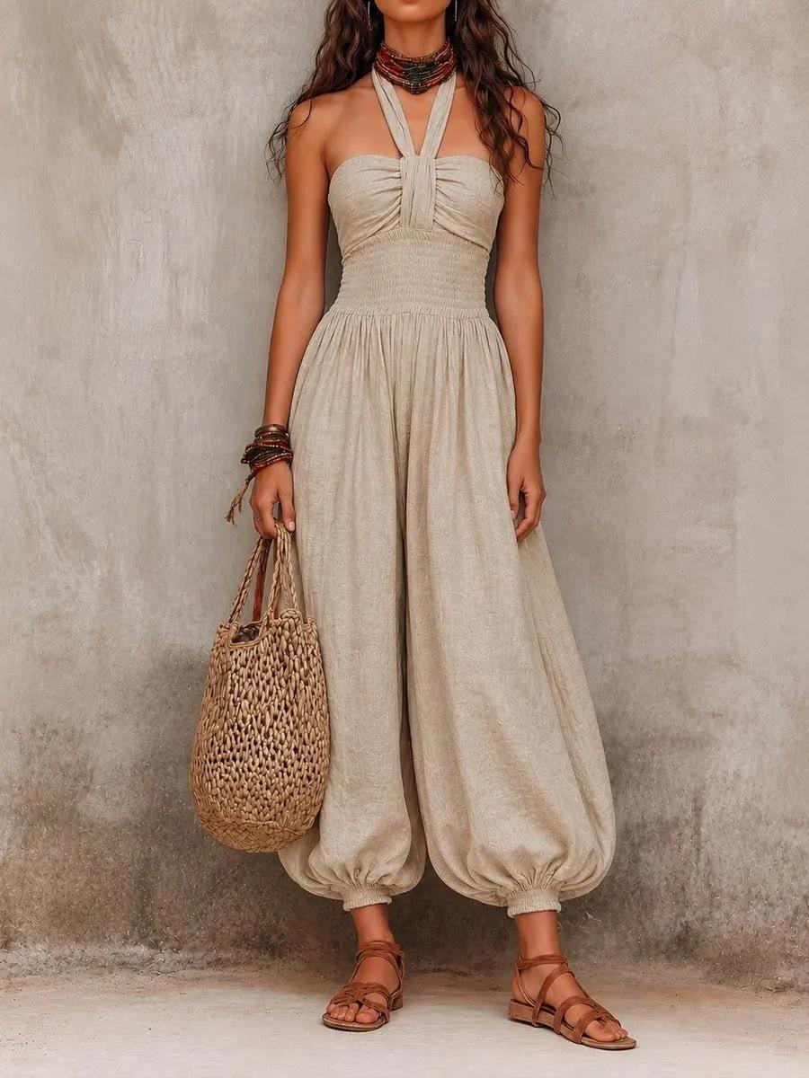 New hot-selling women s clothing waist sexy neck travel beach fashion wide-leg jumpsuit S