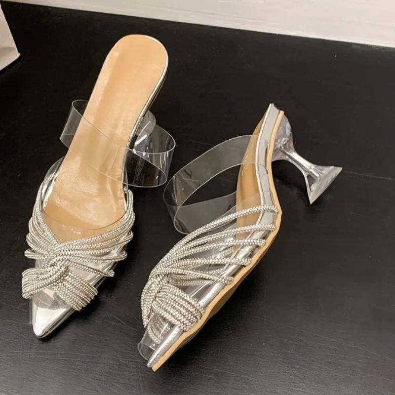Fashion Pointed Toe Transparent High Heels Women's New Summer Fashion  Baotou Shallow Rhinestone Stiletto High Heel Sandals