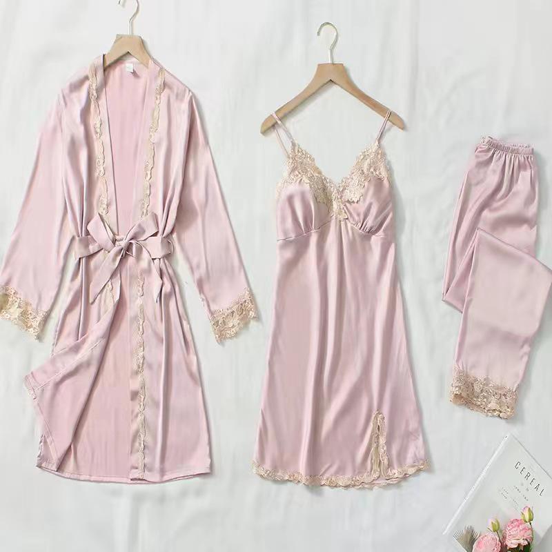 Women's Summer Silk Pajama Set: 5-Piece Long Sleeve, Lace Trim Camisole, Shorts & Pants