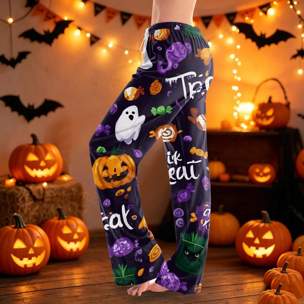 Women Drawstring Waist Halloween Printed Long Pajama Pants Casual Relaxed Fit Sleepwear with Elastic for Home Lounge