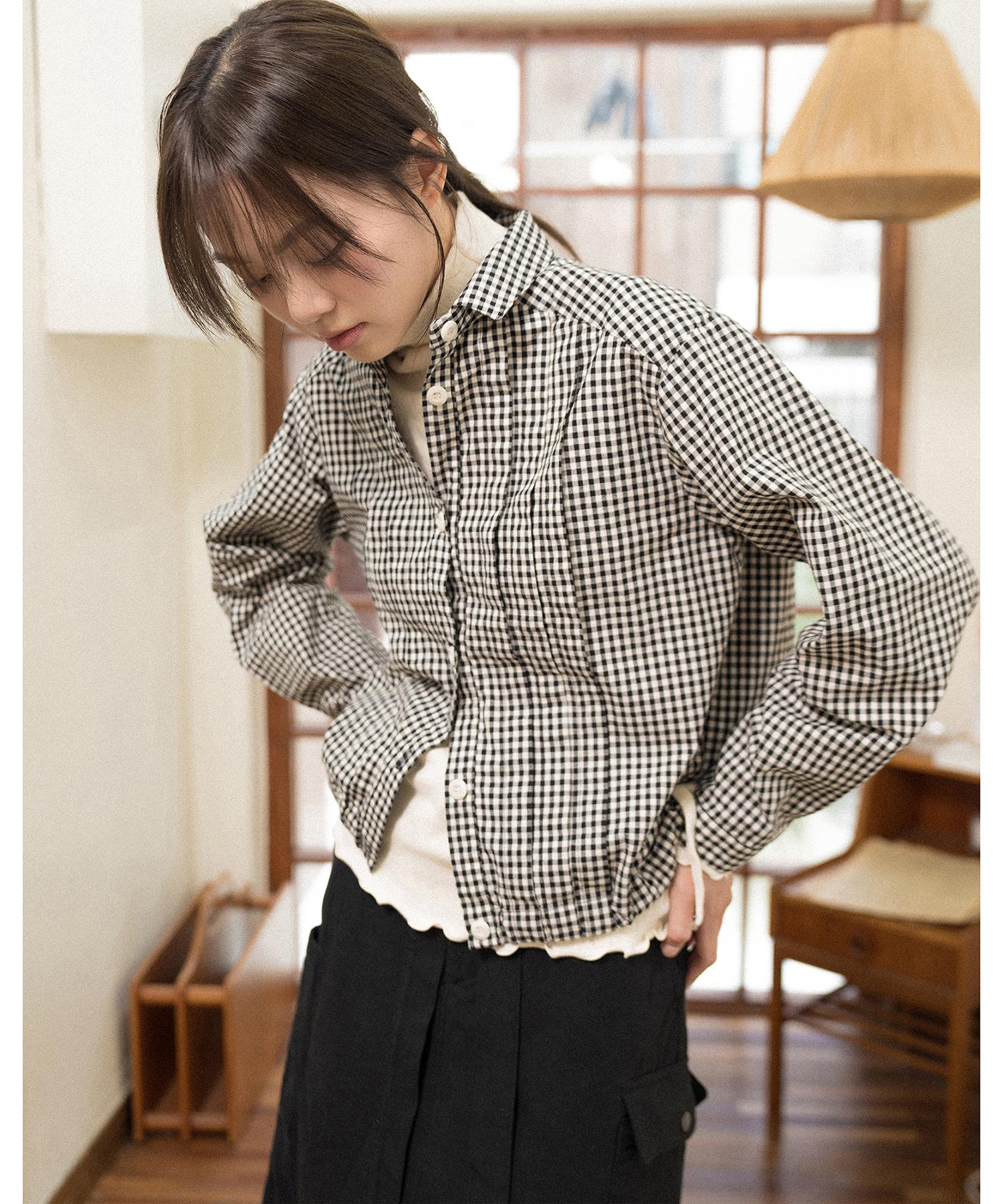 Cotton Bell Wide Pintuck String Check Shirt - Black Check Black Check