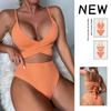 Damen 2-teiliges geripptes Bikini-Set Neu Einfarbige Wickel-Kreuzfront Bindeband hinten Hohe Taille Sexy Spaghettiträger Sommer Strand Badebekleidung