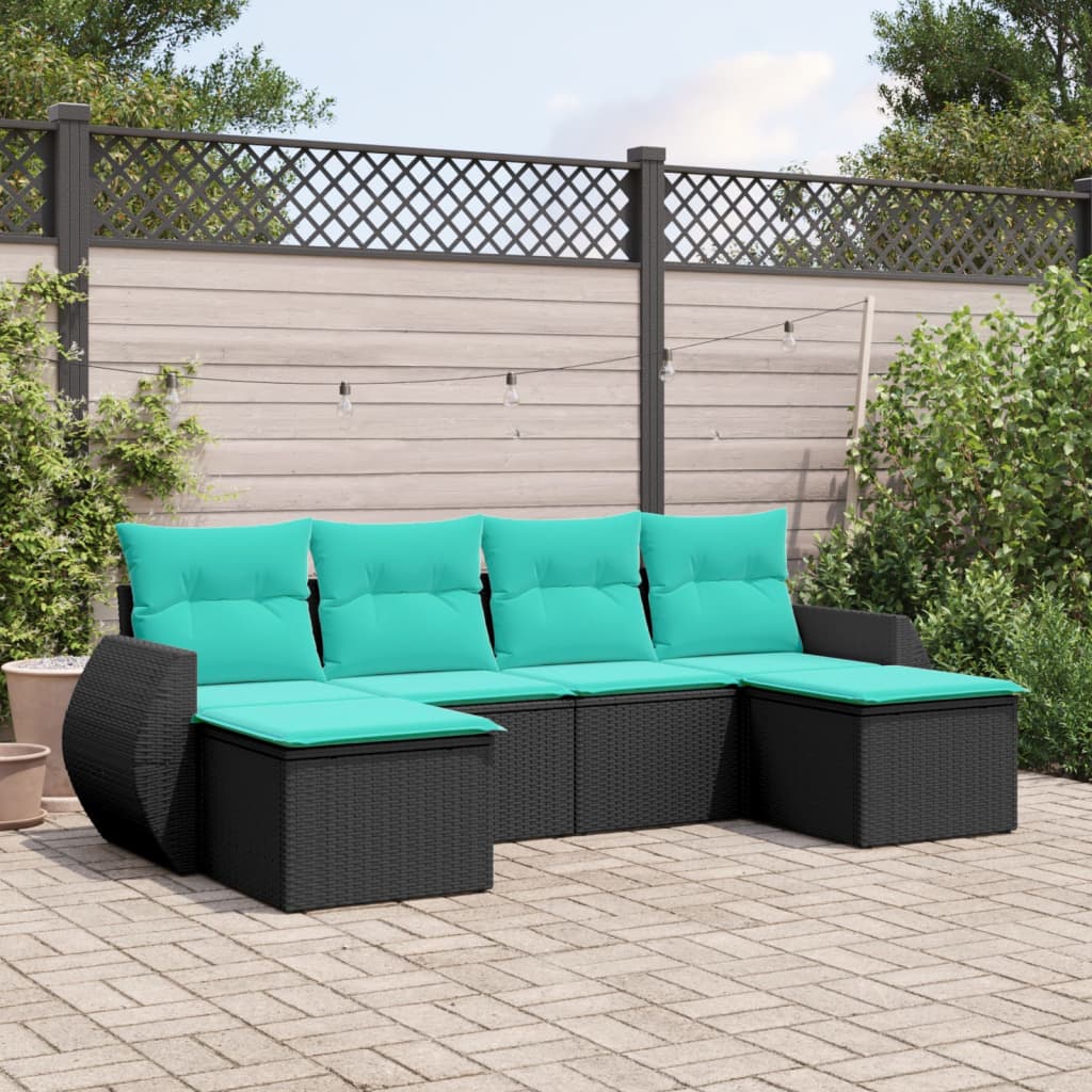 6 Piece Garden Sofa Set with Cushions Black Poly Rattan