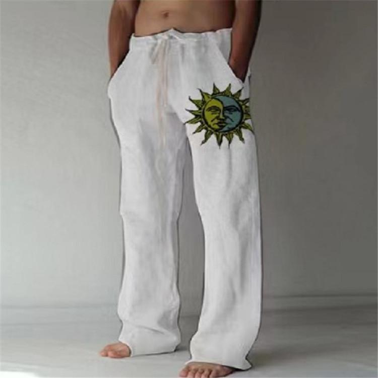 Herren gerade Hose neue Jugend dreifarbige Sonnenblume handbedruckte Baumwolle und Leinen locker lässige Kordelzug Hose