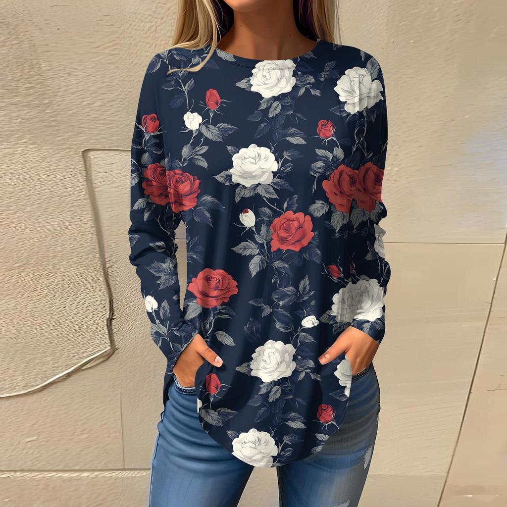 Women's  Loose Casual Flower Printed Round Neck Long Sleeved T Shirt Top Pullover Long Sleeved Sweatshirt