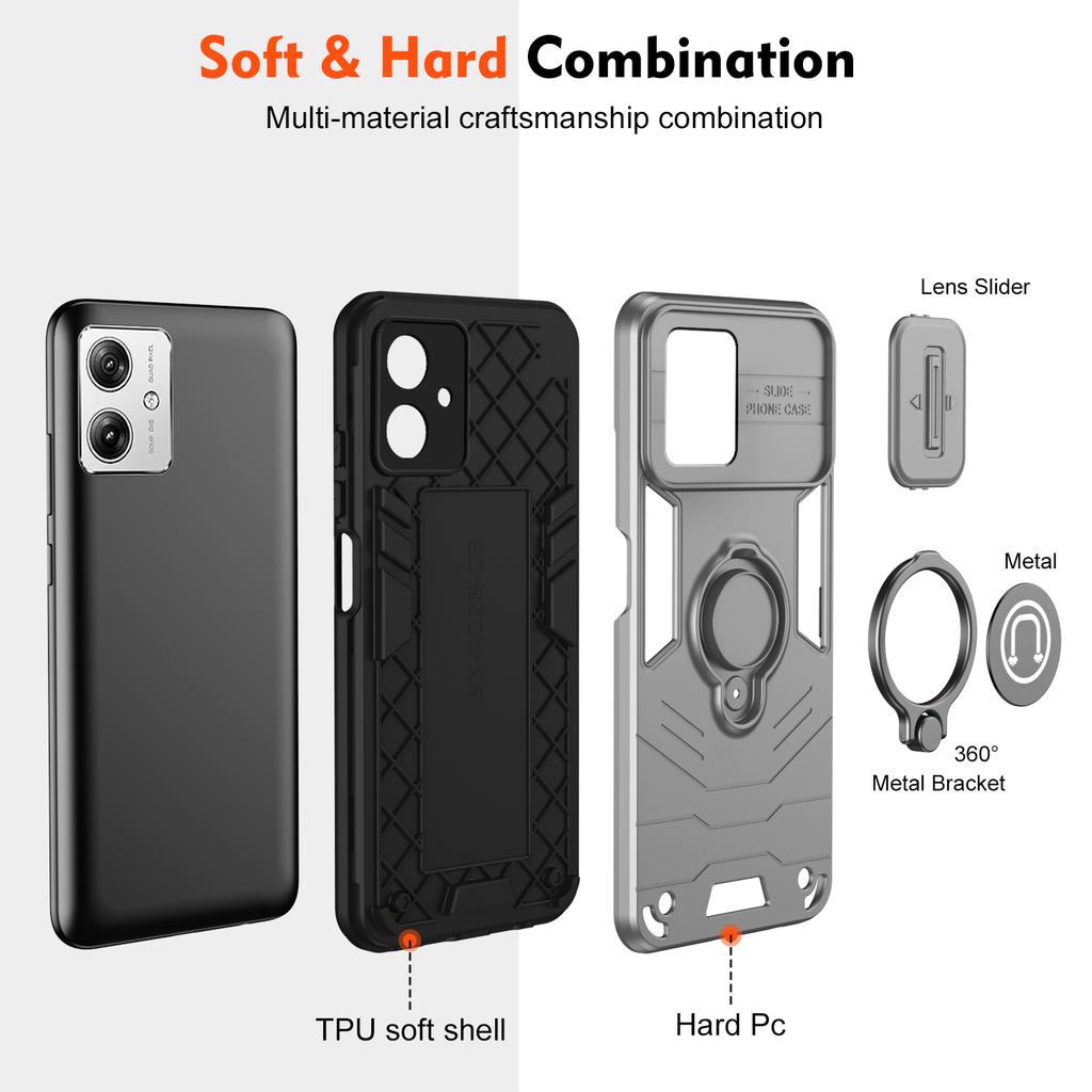 For Motorola Moto G54 5G Case PC+TPU Kickstand Phone Cover Slide Lens Shield
