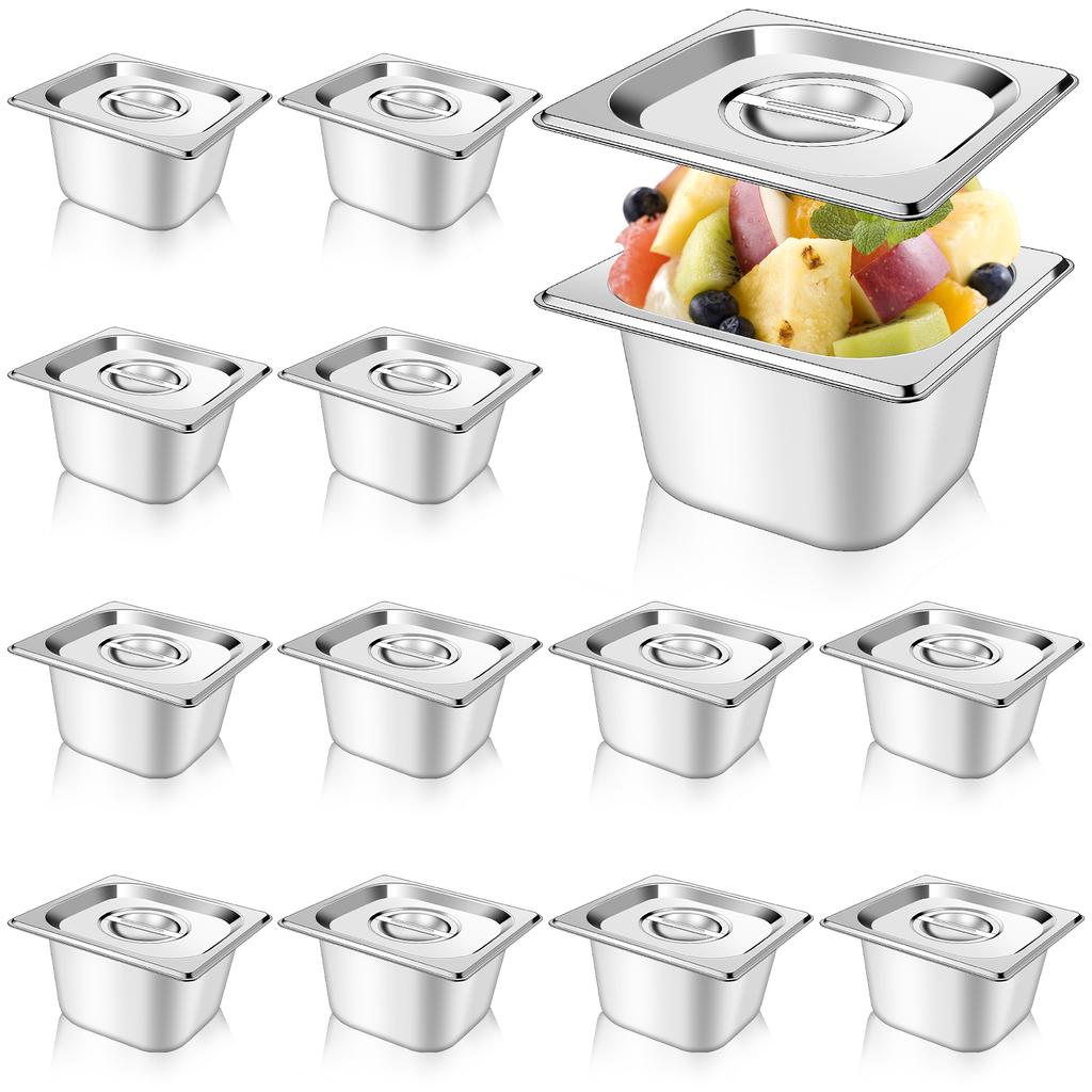 12 Set 1/6 Size Stainless Steel Hotel Pans With Lids 4" Deep Steam Table Pan Food Pan Lid With Handled Catering Food Storage Met