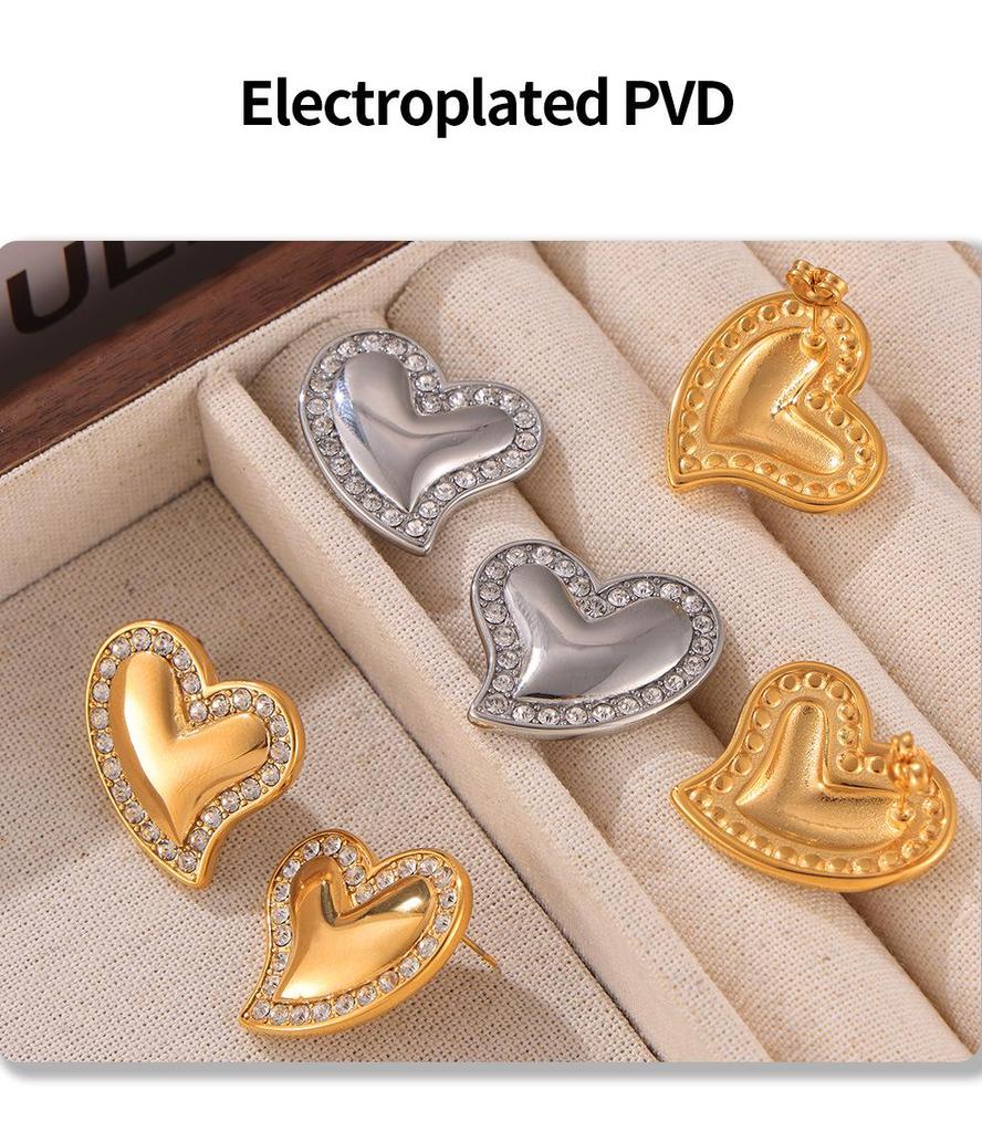 European & American Gold-Plated Titanium Heart Stud Earrings with Diamonds - Women's Fashion Jewelry
