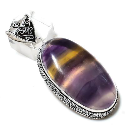 Natural Fluorite Gemstone Handmade 925 Sterling Silver Pendant 2.48" d9E67