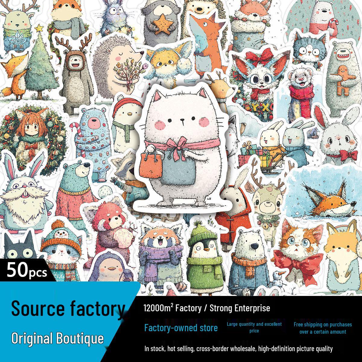 50 Cute Christmas Animals Stickers - Watercolor Style, Waterproof Decorative Stickers for Children s Journals PVC