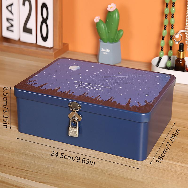 Vintage Large Capacity Tinplate Box With Lock Key Desktop Storage Case Metal Box Jewelry Storage Empty Box