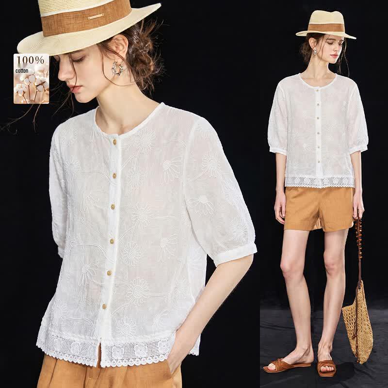 French Style Embroidered Lace Hollow-out Blouse M