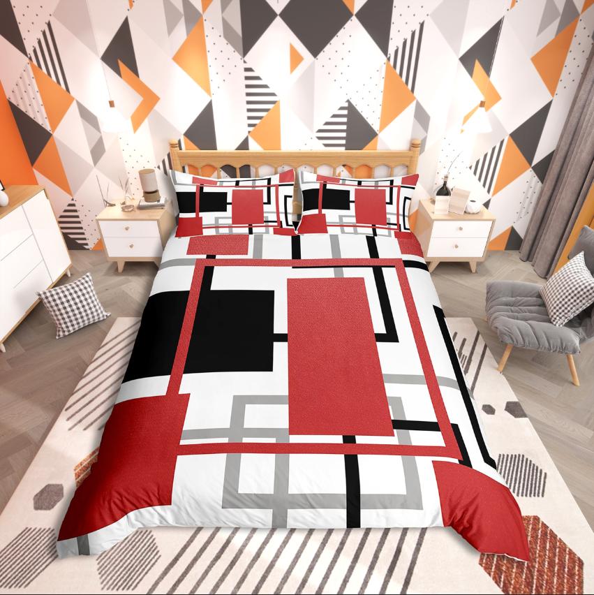 Homewish Geometric Rectangle Stripes Duvet Cover Set,Mid Century for Teens Bedding Set,Abstract Vintage Decor
