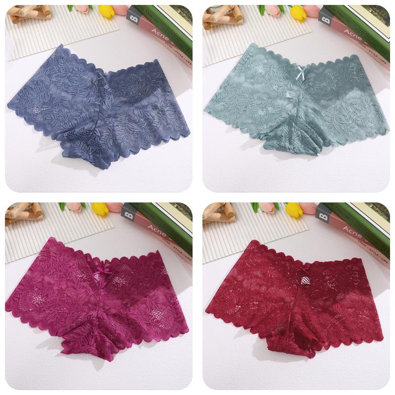 4 Stück/SET Damen Spitzen Hollow Out Boyshorts Unterwäsche Sexy Blumendruck Slips Weiblich Niedrige Taille Perspektive Lingerie Boxershorts