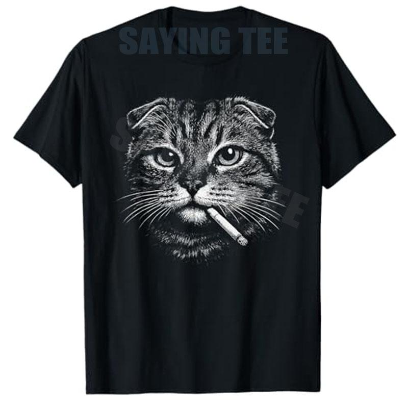 Y2k Smoking Tabby Cat Graphic T-Shirt Humor Kitty Smoking Cat Funny Cigarette Kitten Cat Lover Gen Z Novelty Saying Tee Fashion S