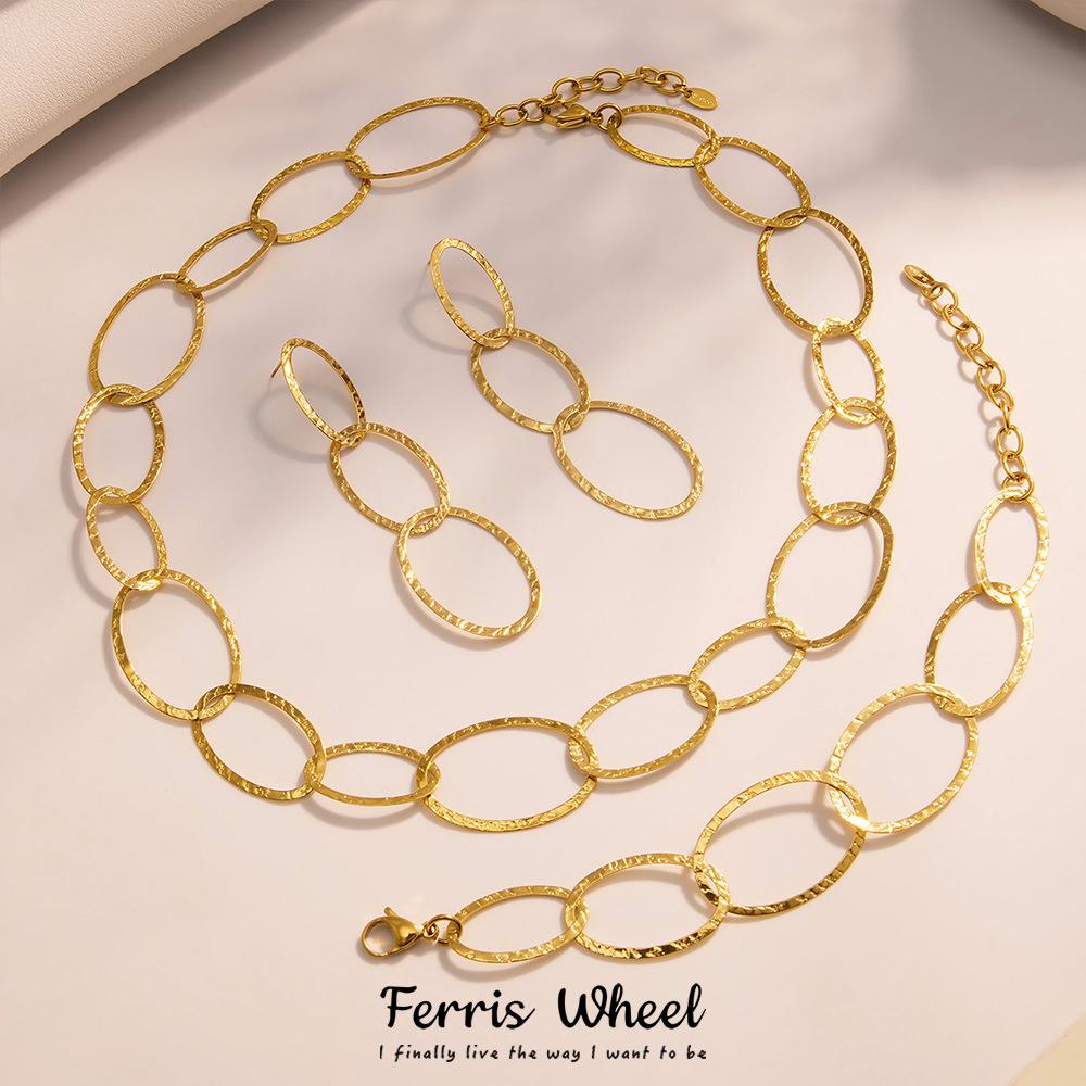 Handmade Hammered Stainless Steel Jewelry Set: Ferris Wheel Circle Necklace, Bracelet & Earrings with Real Gold Plating