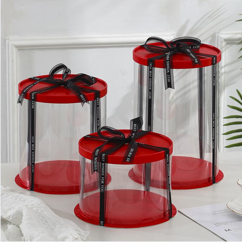 Red Round Transparent Cake Packaging Box Cylindrical Wedding Christmas Party Supplies Pastry Cake Box 5 Sets 5