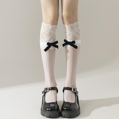 High School Women Sexy Stockings Bowknot Ribbon Knee Socks Anti-Snagging JK Uniform Fishnet Pantyhoses