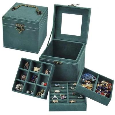 Multi-functional Three-layer Leather Drawer-style Jewelry Box Earrings Lock Jewelry Box Necklace Ring Storage Box for Women Gift