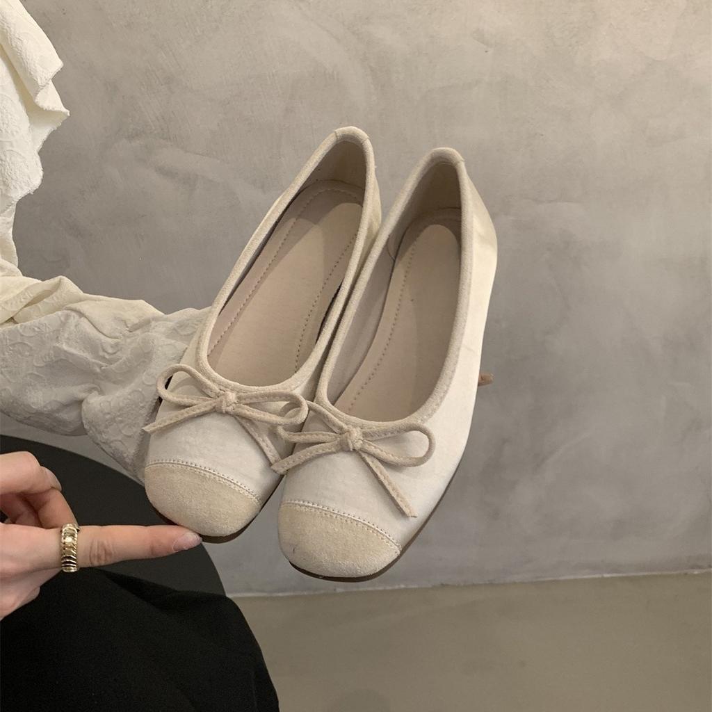 Round head shallow mouth single shoes female spring and autumn new soft leather ballet fairy wind temperature soft flat bean ladyshoes