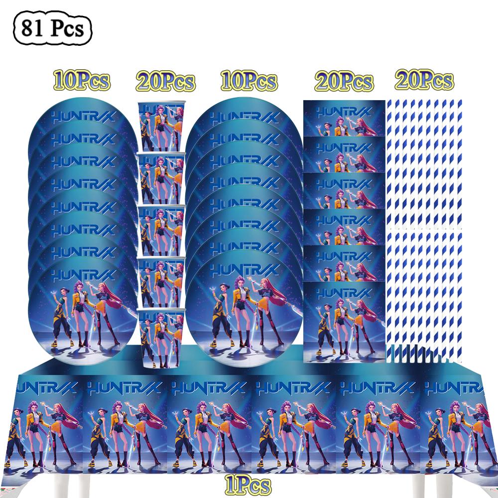 Kpop Demon Hunters Birthday Party Decor Korean  Anime Set Tableware Tablecloth Cup Balloon Cake Topper Baby Girl Favor Supplies