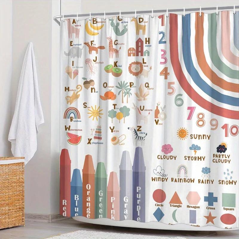 1pc Pastel Alphabet Shower Curtain - Animals, Fruits & Weather, Educational Design, Polyester, 70.8x70.8", Playful Learning