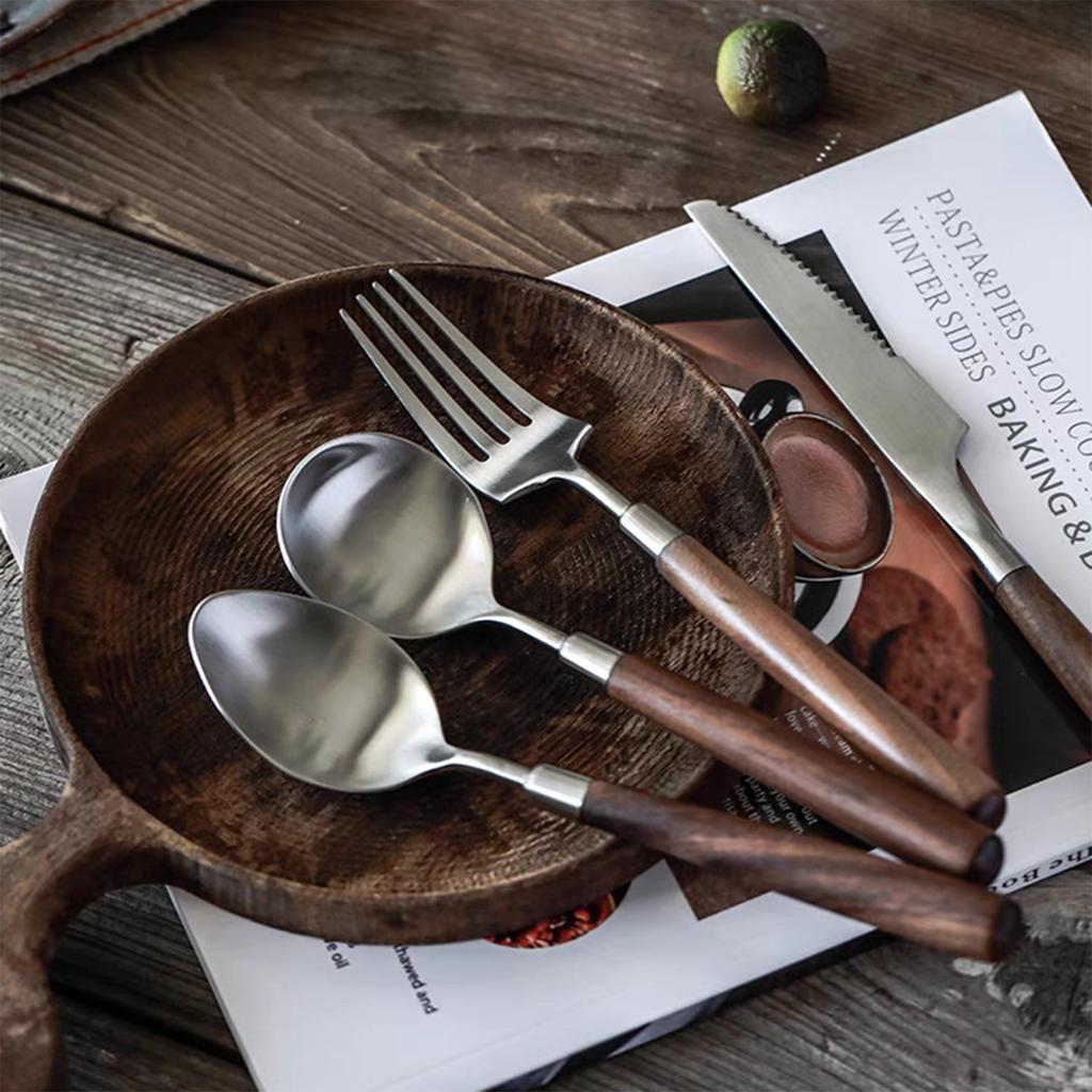 Cutlery Set with Walnut Wood Handle, Steak Knife Fork Spoon, Durable Thick Flatware for Steak, Dessert, Western Style Tableware