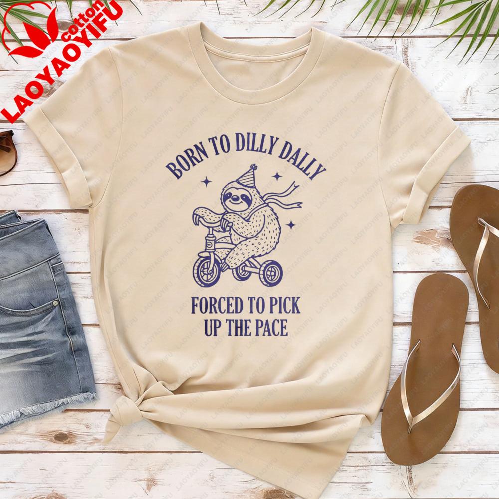 Born To Dilly Dally Forced To Pick Up The Pace T-Shirt Funny Vintage Sloth Tshirt Retro Graphic Tee  Daily Life Casual Tops